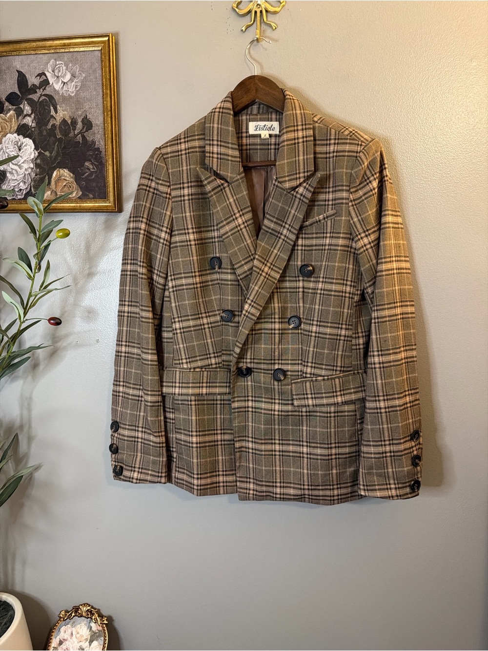 Listicle Plaid Double Breasted Blazer S Brown Academia Equestrian Preppy - Picture 2 of 8